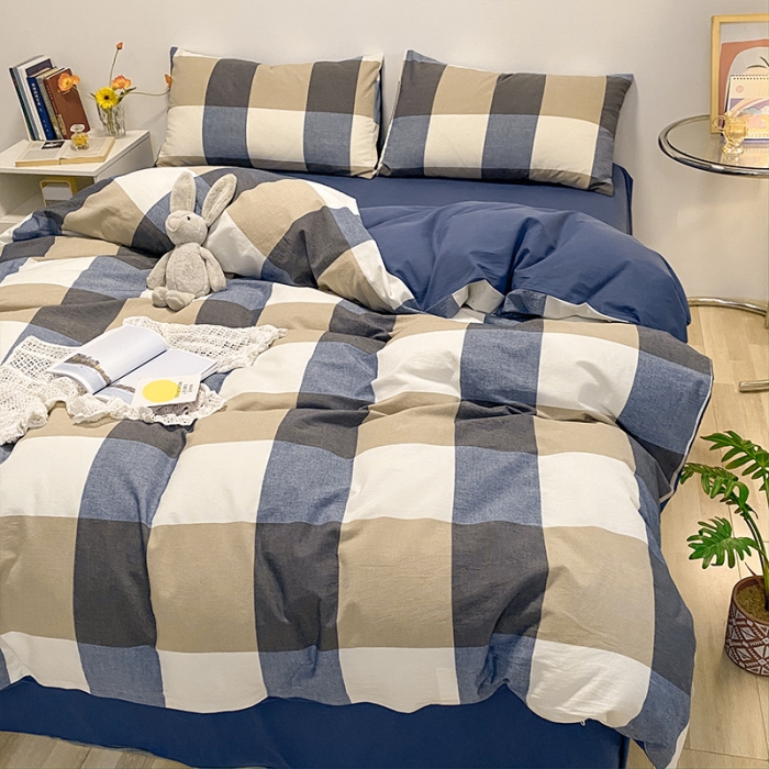 91家纺网 家纺一手货源 找家纺 蓝巢 2021新款全棉色织水洗棉四件套 蓝调格