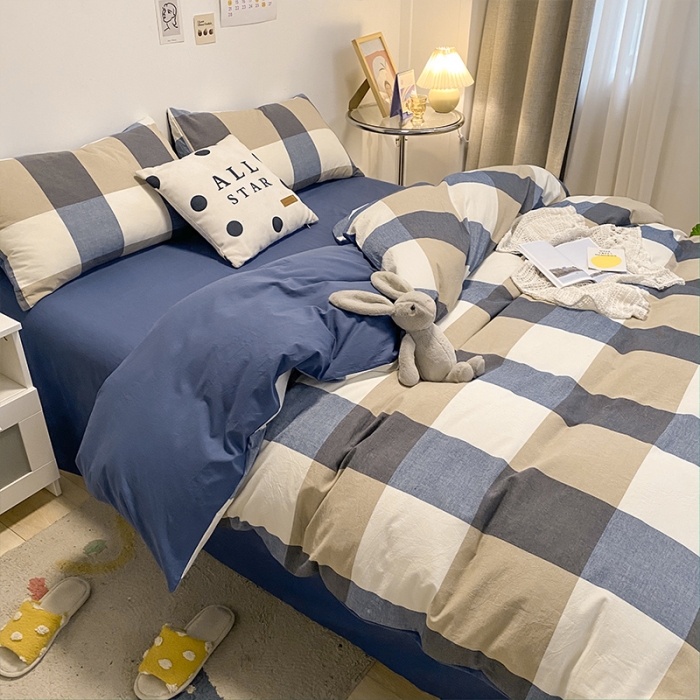 91家纺网 家纺一手货源 找家纺 蓝巢 2021新款全棉色织水洗棉四件套 蓝调格