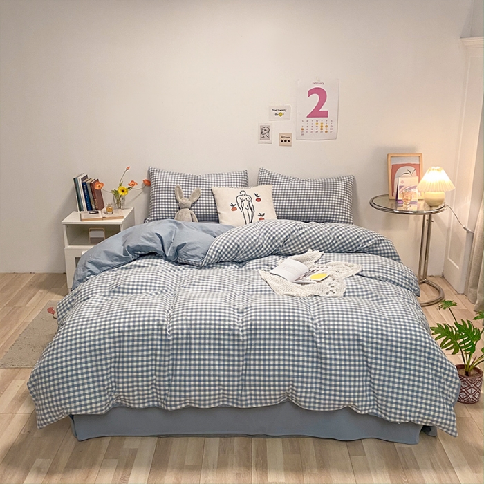 91家纺网 家纺一手货源 找家纺 蓝巢 2021新款全棉色织水洗棉四件套 蓝小格