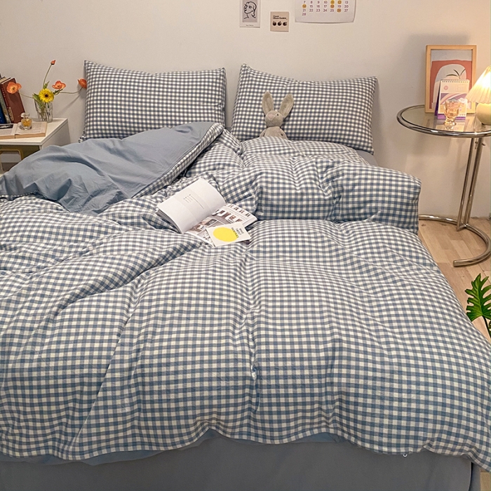 91家纺网 家纺一手货源 找家纺 蓝巢 2021新款全棉色织水洗棉四件套 蓝小格