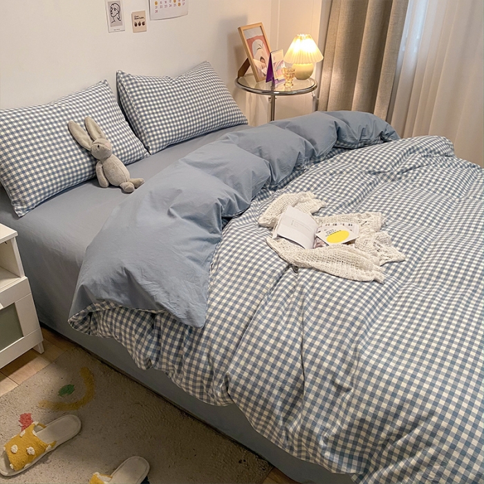 91家纺网 家纺一手货源 找家纺 蓝巢 2021新款全棉色织水洗棉四件套 蓝小格