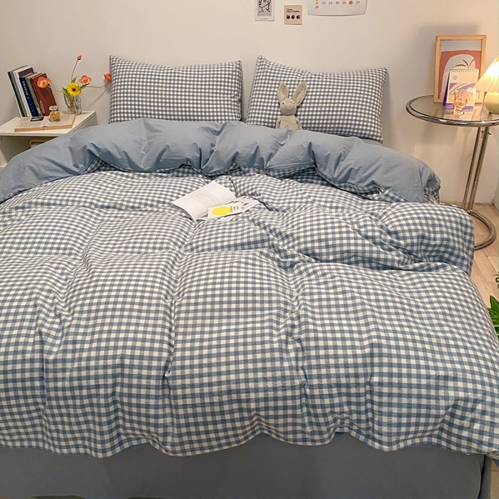 91家纺网 家纺一手货源 找家纺 蓝巢 2021新款全棉色织水洗棉四件套 蓝小格