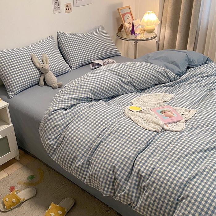 91家纺网 家纺一手货源 找家纺 蓝巢 2021新款全棉色织水洗棉四件套 蓝小格