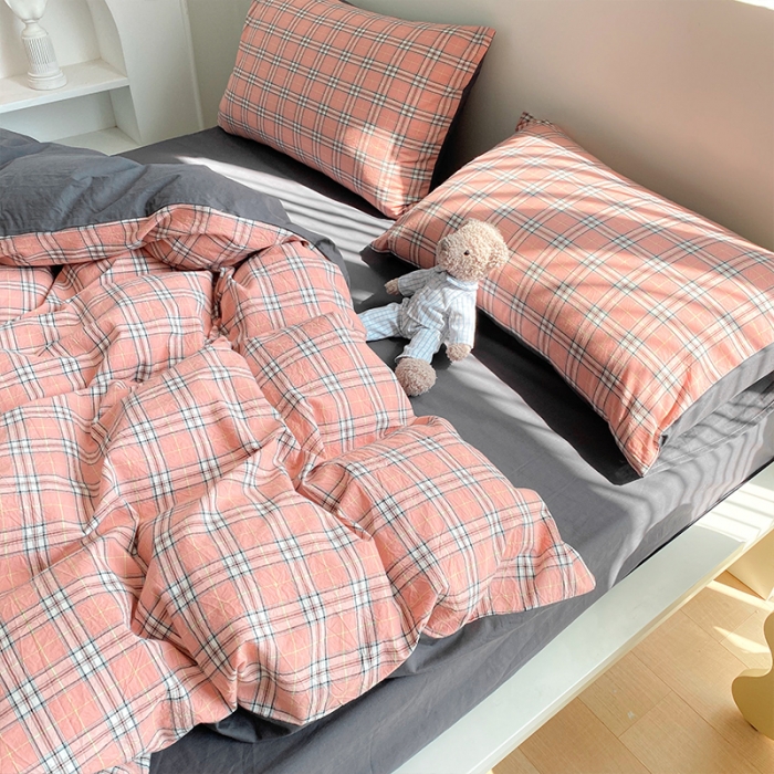 91家纺网 家纺一手货源 找家纺 蓝巢 2021新款全棉色织水洗棉四件套 慢调时光粉