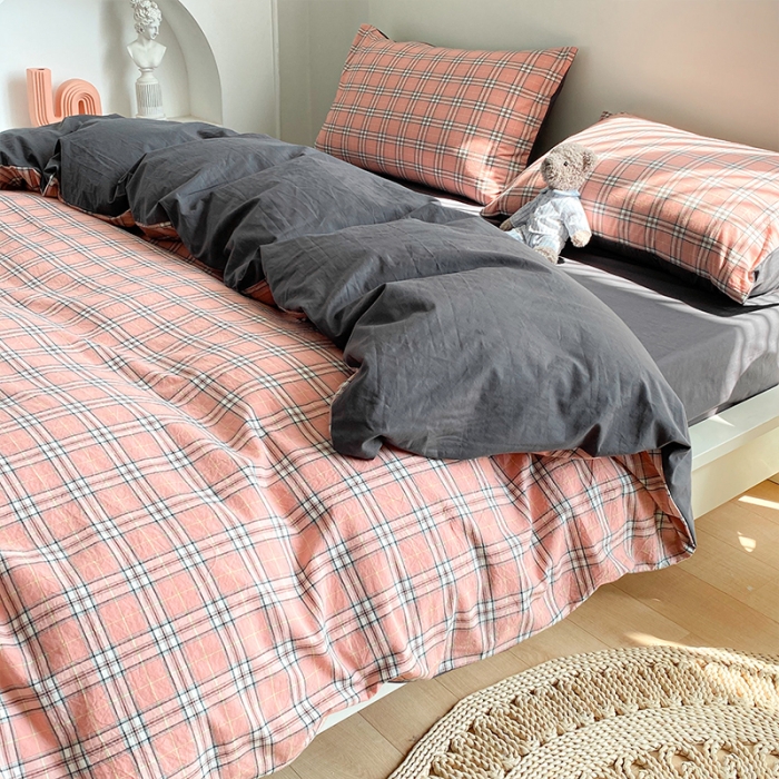 91家纺网 家纺一手货源 找家纺 蓝巢 2021新款全棉色织水洗棉四件套 慢调时光粉