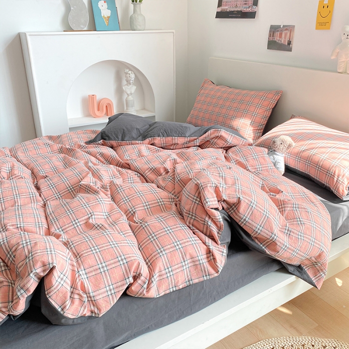 91家纺网 家纺一手货源 找家纺 蓝巢 2021新款全棉色织水洗棉四件套 慢调时光粉