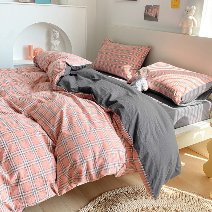 91家纺网 家纺一手货源 找家纺 蓝巢 2021新款全棉色织水洗棉四件套 慢调时光粉