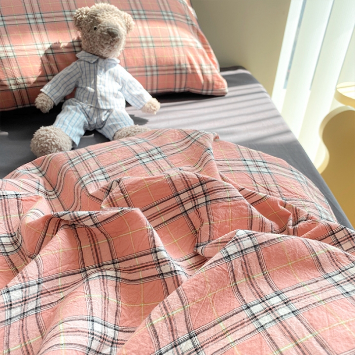 91家纺网 家纺一手货源 找家纺 蓝巢 2021新款全棉色织水洗棉四件套 慢调时光粉