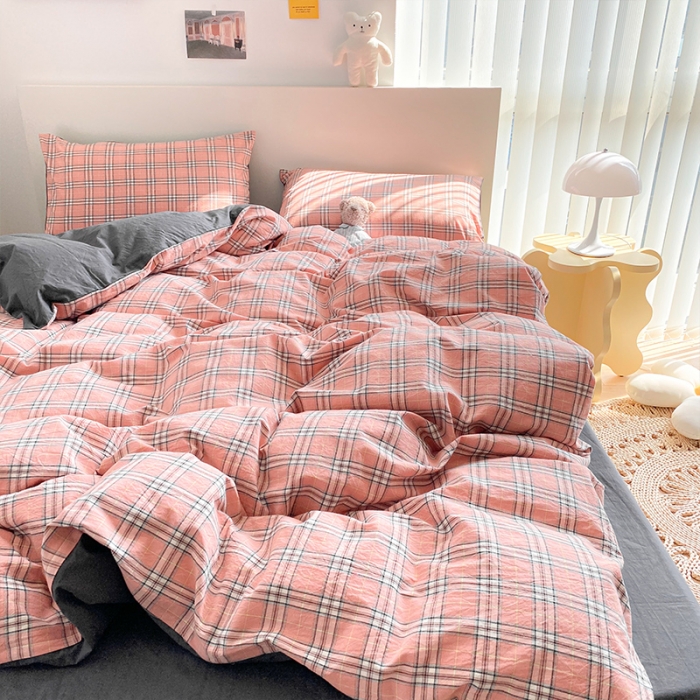 91家纺网 家纺一手货源 找家纺 蓝巢 2021新款全棉色织水洗棉四件套 慢调时光粉