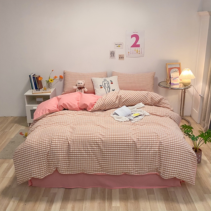 91家纺网 家纺一手货源 找家纺 蓝巢 2021新款全棉色织水洗棉四件套 蜜粉格