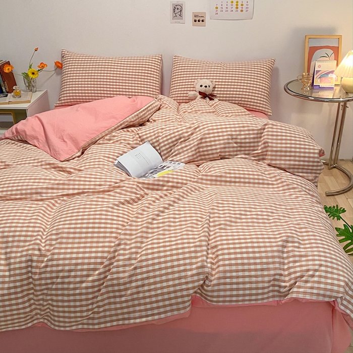 91家纺网 家纺一手货源 找家纺 蓝巢 2021新款全棉色织水洗棉四件套 蜜粉格