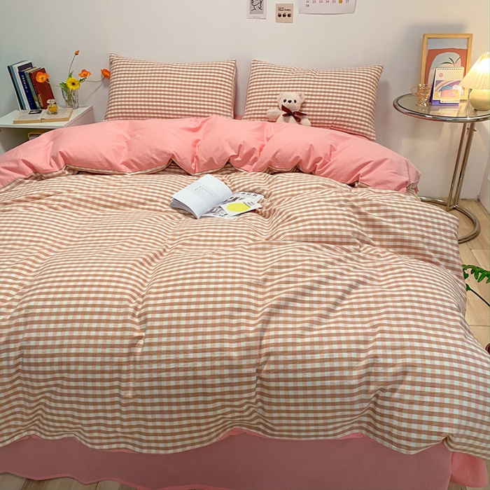 91家纺网 家纺一手货源 找家纺 蓝巢 2021新款全棉色织水洗棉四件套 蜜粉格