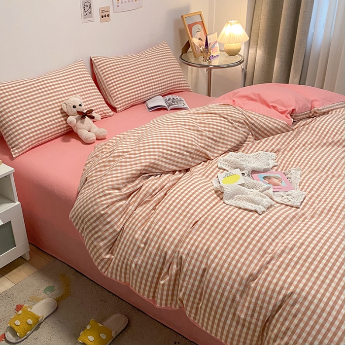 91家纺网 家纺一手货源 找家纺 蓝巢 2021新款全棉色织水洗棉四件套 蜜粉格