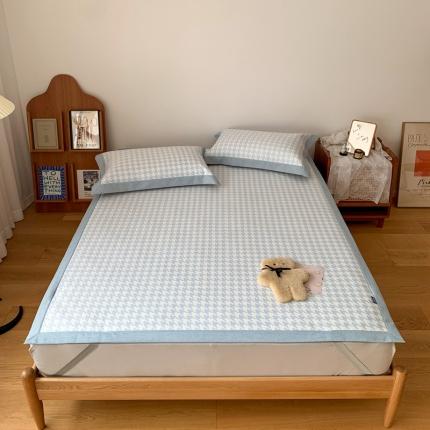 时年 2021新款水洗提花冰丝凉席养生席 千鸟格-天蓝