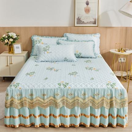 91家纺网 家纺一手货源 找家纺 情恒家纺 2025新款艾草驱蚊抗菌水洗天丝床裙三件套 清新蓝