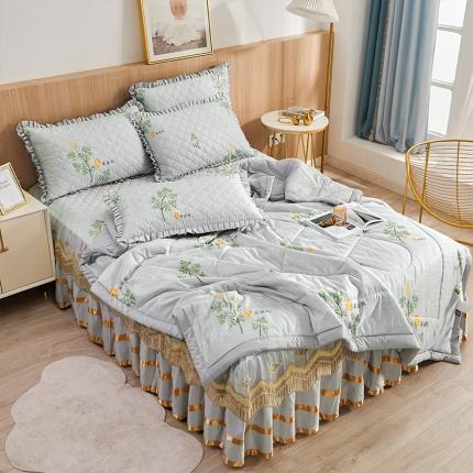 91家纺网 家纺一手货源 找家纺 情恒家纺  2025新款艾草驱蚊抗菌床裙夏被四件套 清新灰