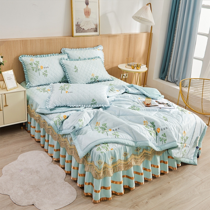 91家纺网 家纺一手货源 找家纺 情恒家纺  2025新款艾草驱蚊抗菌床裙夏被四件套 清新蓝