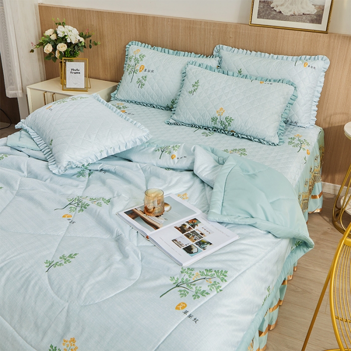 91家纺网 家纺一手货源 找家纺 情恒家纺  2025新款艾草驱蚊抗菌床裙夏被四件套 清新蓝