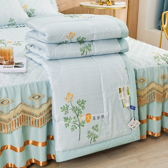 91家纺网 家纺一手货源 找家纺 情恒家纺  2025新款艾草驱蚊抗菌床裙夏被四件套 清新蓝