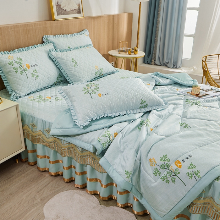 91家纺网 家纺一手货源 找家纺 情恒家纺  2025新款艾草驱蚊抗菌床裙夏被四件套 清新蓝