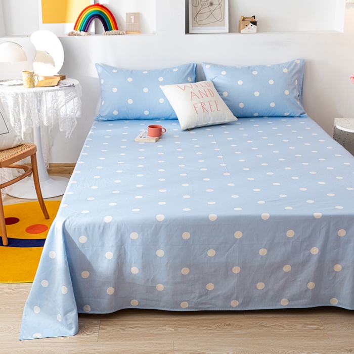 91家纺网 家纺一手货源 找家纺 梦家居 2021新款40s纯棉13372卡通单床单 波点浅蓝