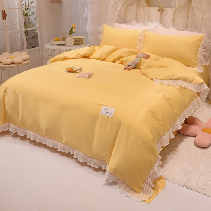 91家纺网 家纺一手货源 找家纺 2024新款韩版公主风雪纺花边水洗棉四件套 诗语嫩黄