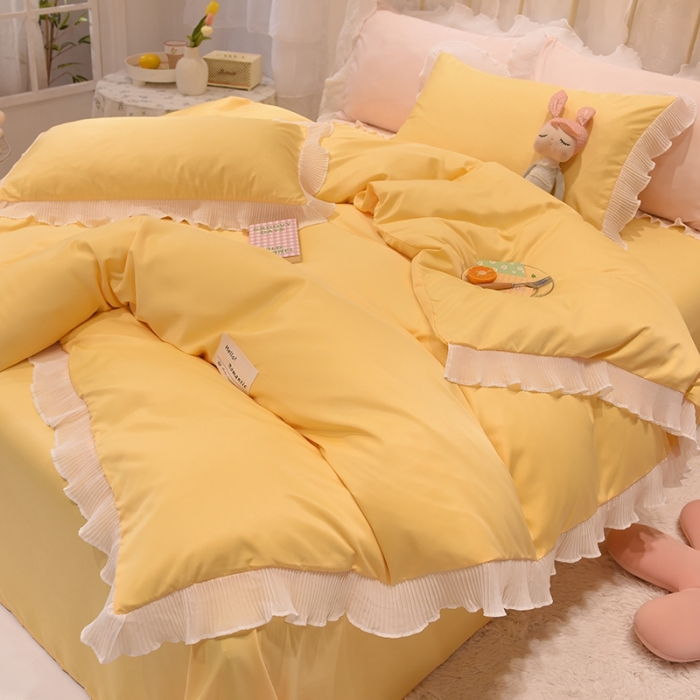 91家纺网 家纺一手货源 找家纺 2024新款韩版公主风雪纺花边水洗棉四件套 诗语嫩黄