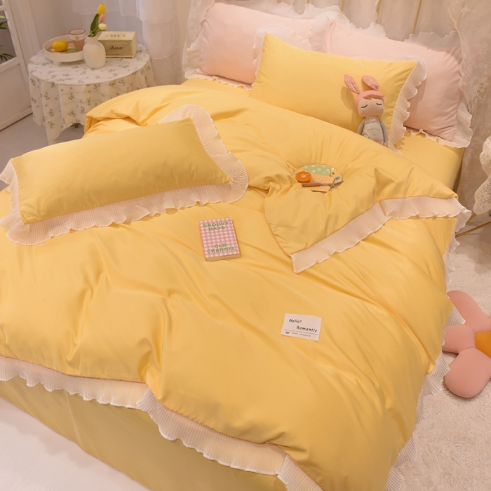 91家纺网 家纺一手货源 找家纺 2024新款韩版公主风雪纺花边水洗棉四件套 诗语嫩黄