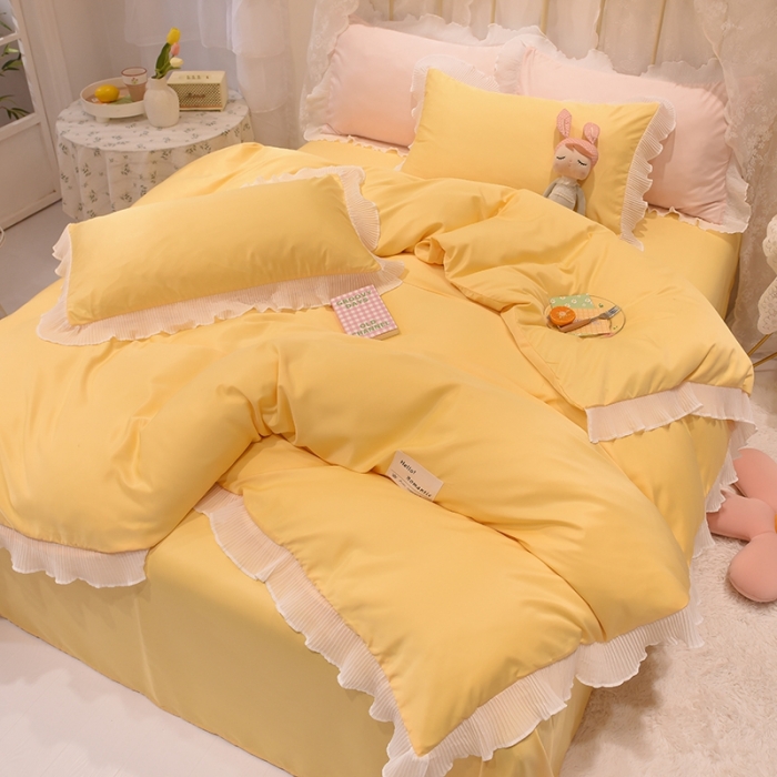 91家纺网 家纺一手货源 找家纺 2024新款韩版公主风雪纺花边水洗棉四件套 诗语嫩黄