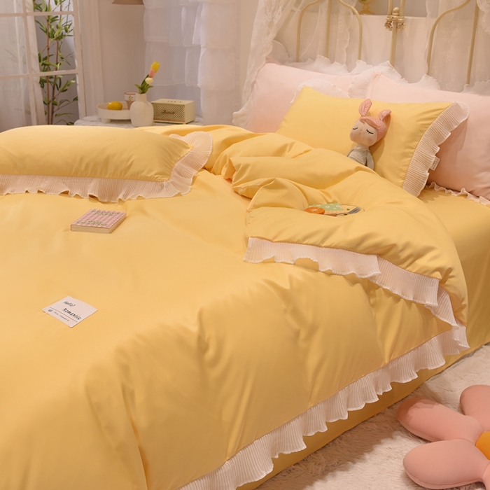 91家纺网 家纺一手货源 找家纺 2024新款韩版公主风雪纺花边水洗棉四件套 诗语嫩黄