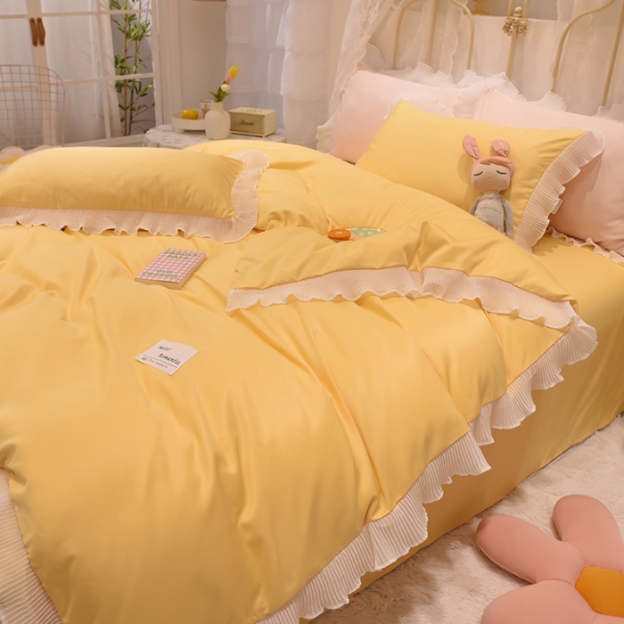 91家纺网 家纺一手货源 找家纺 2024新款韩版公主风雪纺花边水洗棉四件套 诗语嫩黄