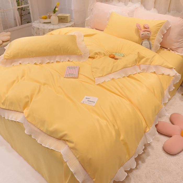 91家纺网 家纺一手货源 找家纺 2024新款韩版公主风雪纺花边水洗棉四件套 诗语嫩黄