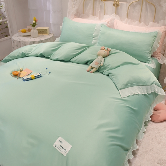 91家纺网 家纺一手货源 找家纺 2024新款韩版公主风雪纺花边水洗棉四件套 诗语浅绿