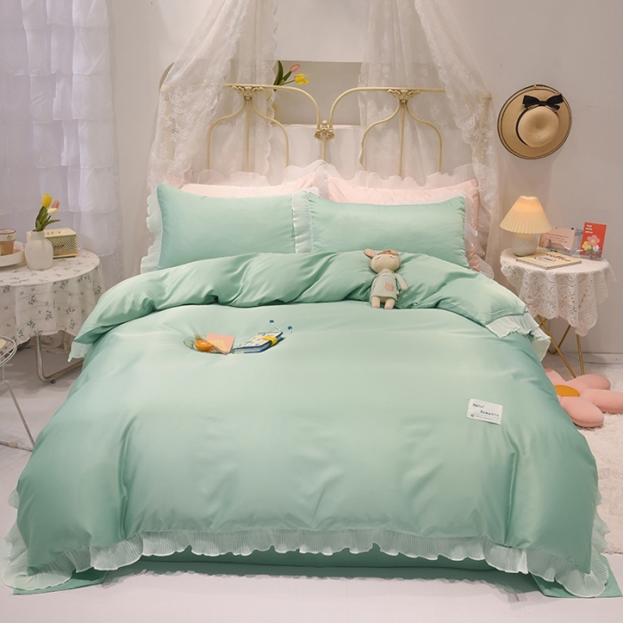 91家纺网 家纺一手货源 找家纺 2024新款韩版公主风雪纺花边水洗棉四件套 诗语浅绿