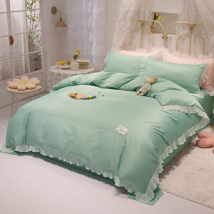 91家纺网 家纺一手货源 找家纺 2024新款韩版公主风雪纺花边水洗棉四件套 诗语浅绿