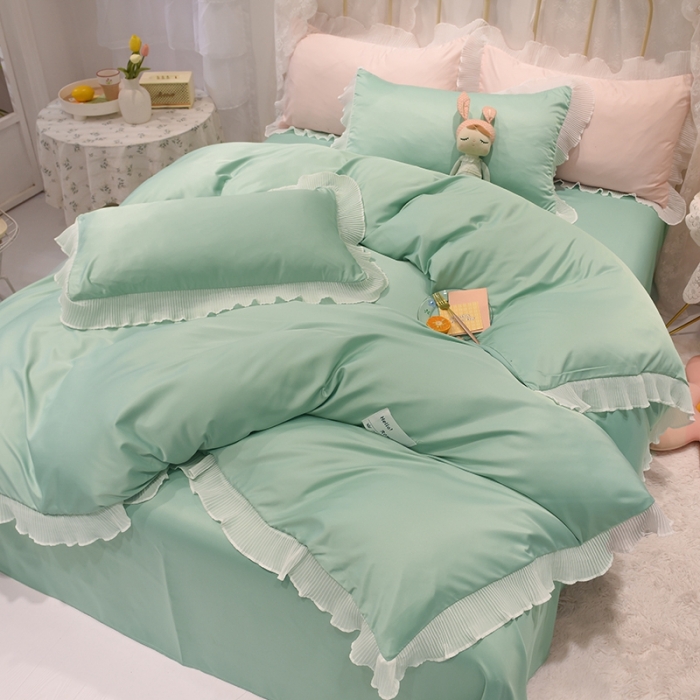 91家纺网 家纺一手货源 找家纺 2024新款韩版公主风雪纺花边水洗棉四件套 诗语浅绿