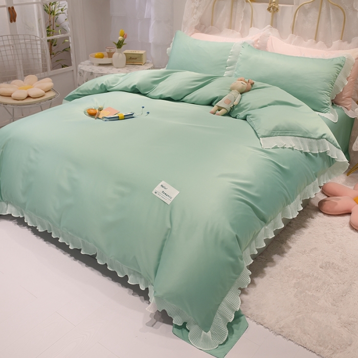 91家纺网 家纺一手货源 找家纺 2024新款韩版公主风雪纺花边水洗棉四件套 诗语浅绿