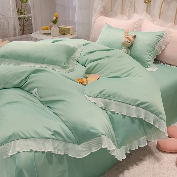 91家纺网 家纺一手货源 找家纺 2024新款韩版公主风雪纺花边水洗棉四件套 诗语浅绿