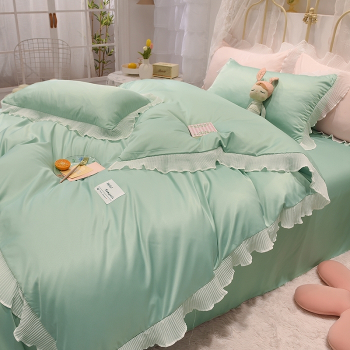 91家纺网 家纺一手货源 找家纺 2024新款韩版公主风雪纺花边水洗棉四件套 诗语浅绿