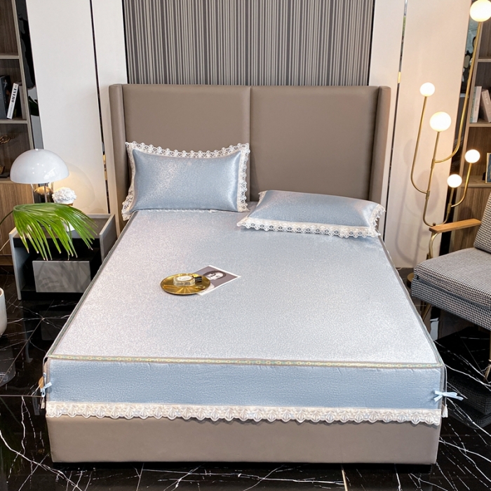 91家纺网 家纺一手货源 找家纺 璞素家居 2021新款蕾丝花边冰丝席 蓝