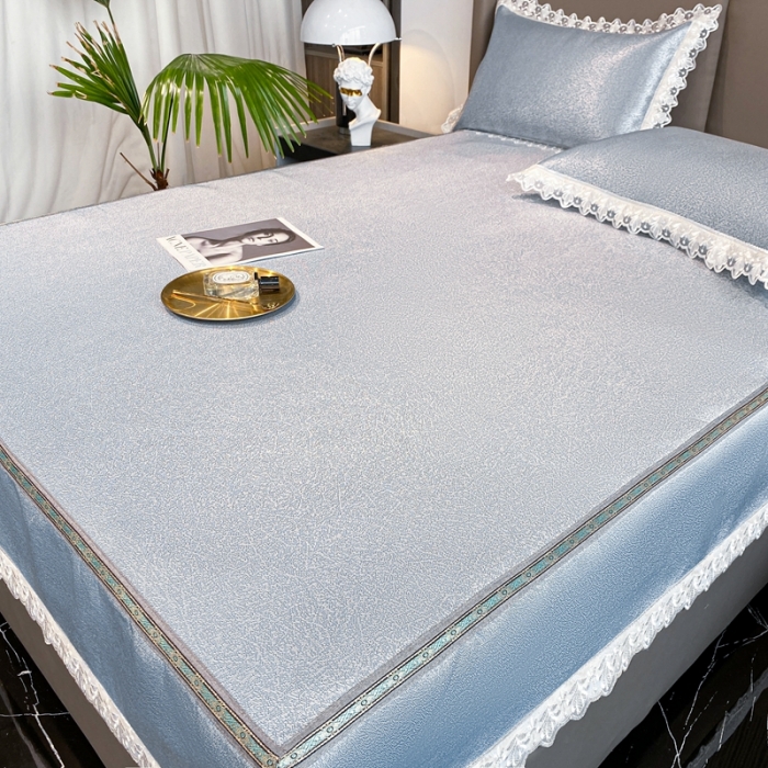 91家纺网 家纺一手货源 找家纺 璞素家居 2021新款蕾丝花边冰丝席 蓝