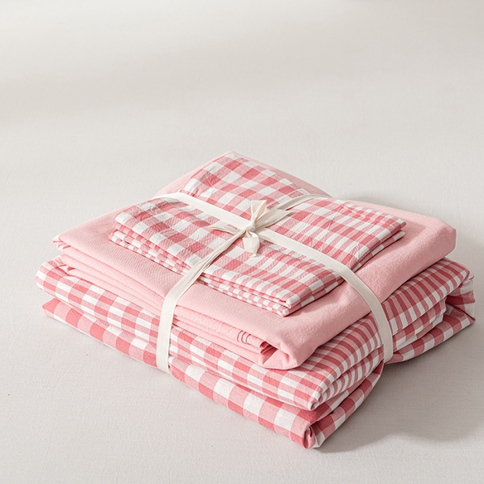 91家纺网 家纺一手货源 找家纺 久典2022新款A类色织全棉水洗棉四件套（单品有售）粉渐变格