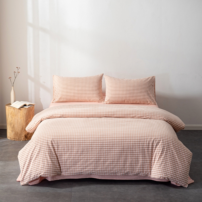 91家纺网 家纺一手货源 找家纺 久典 2022新款A类色织全棉水洗棉四件套（单品有售）粉小格