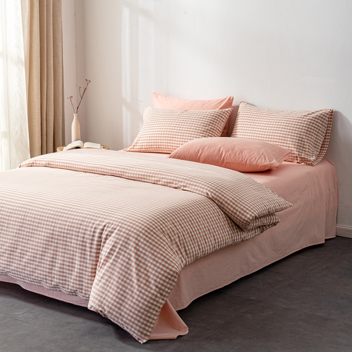 91家纺网 家纺一手货源 找家纺 久典 2022新款A类色织全棉水洗棉四件套（单品有售）粉小格