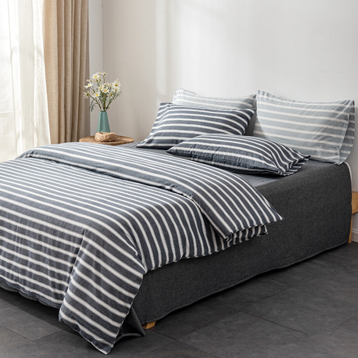 91家纺网 家纺一手货源 找家纺 久典 2022新款A类色织全棉水洗棉四件套（单品有售）灰粗条