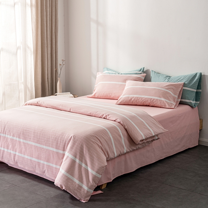 91家纺网 家纺一手货源 找家纺 久典 2022新款A类色织全棉水洗棉四件套（单品有售）极简粉