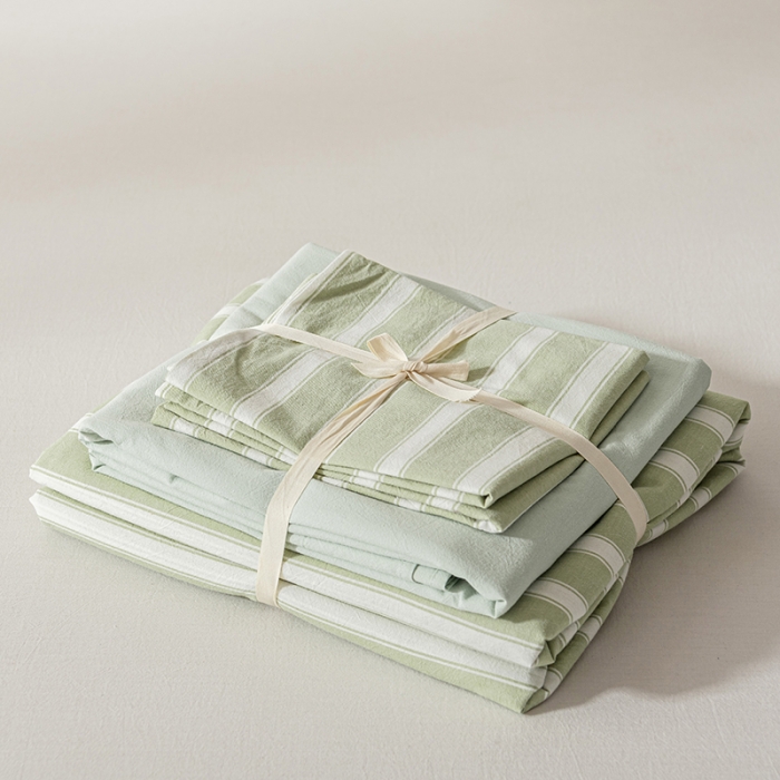 91家纺网 家纺一手货源 找家纺 久典 2022新款A类色织全棉水洗棉四件套（单品有售）绿粗条