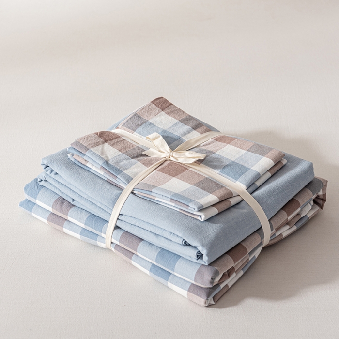 91家纺网 家纺一手货源 找家纺 久典 2022新款A类色织全棉水洗棉四件套（单品有售）中格蓝