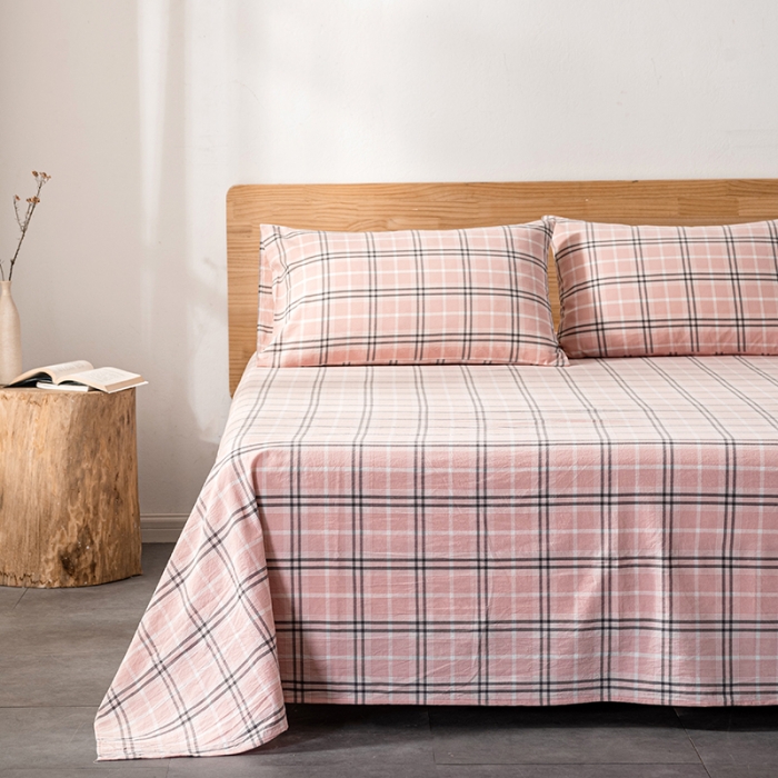 91家纺网 家纺一手货源 找家纺 久典 2022新款色织全棉水洗棉单品床单 暖阳粉