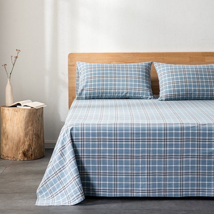 91家纺网 家纺一手货源 找家纺 久典 2022新款色织全棉水洗棉单品床单 暖阳蓝